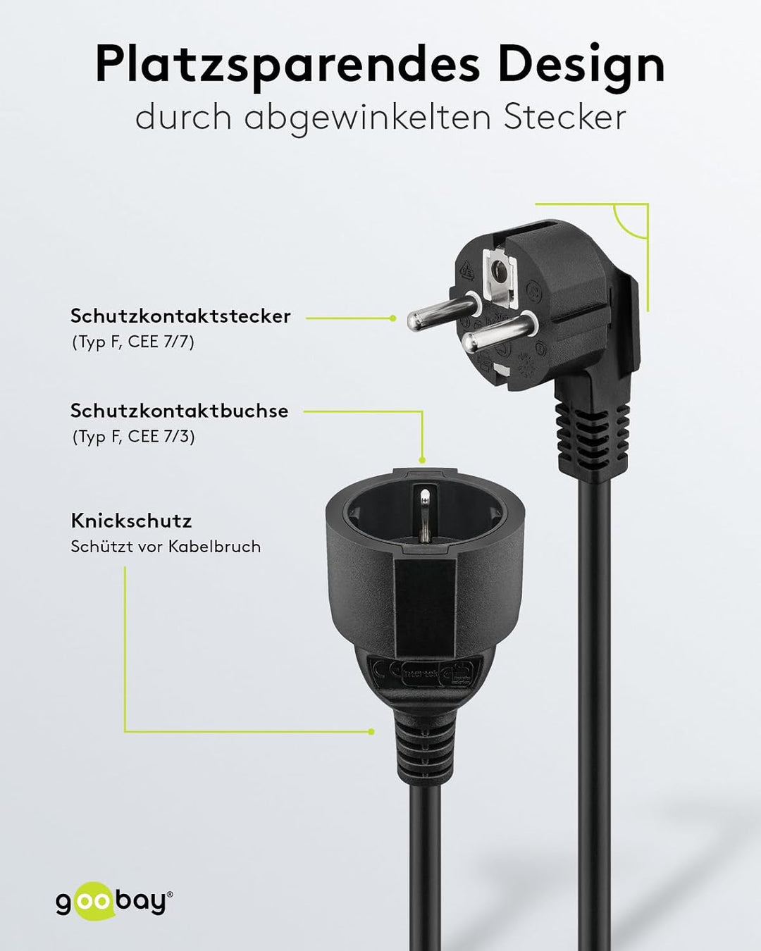 Goobay 93095 Gewinkeltes Strom Verlängerungskabel / Schutzkontakt Stecker 250V Schutzkontakt 10 Mete