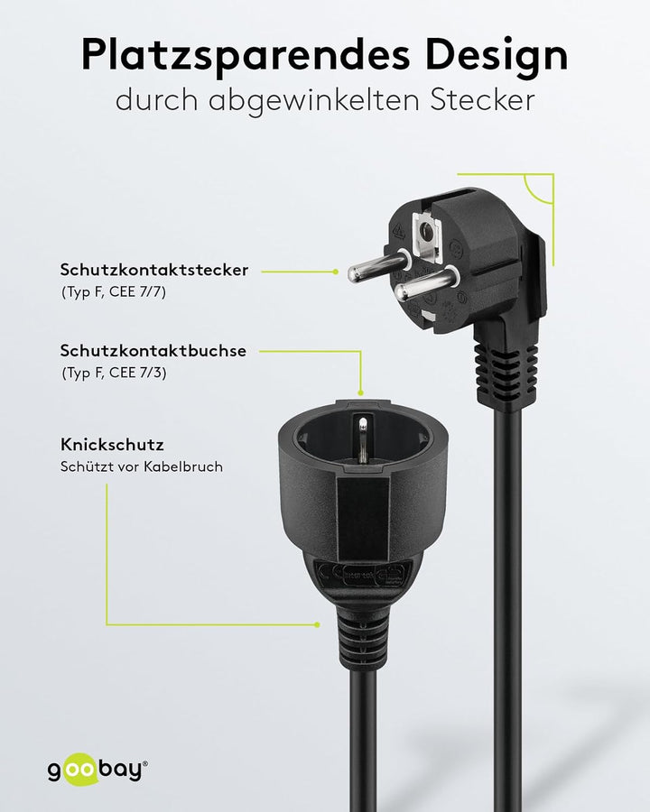 Goobay 93095 Gewinkeltes Strom Verlängerungskabel / Schutzkontakt Stecker 250V Schutzkontakt 10 Mete
