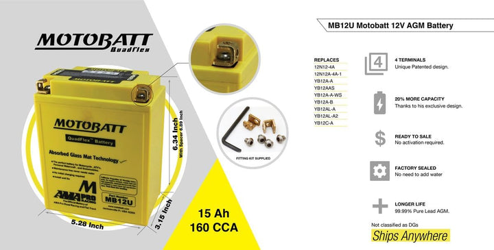 MotoBatt MB12U (12V 15 Amp) 160CCA Factory Activated QuadFlex AGM Battery