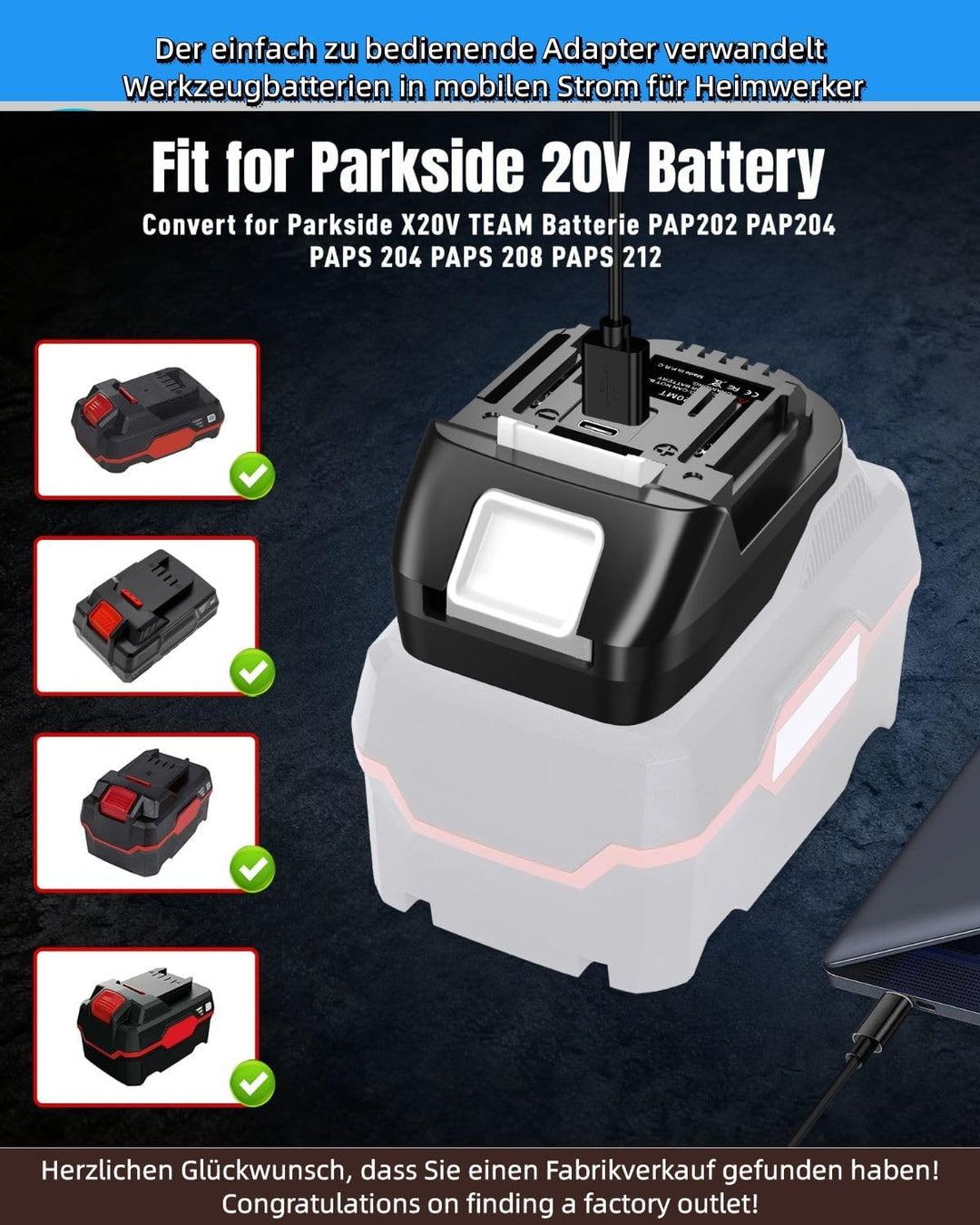 Akkuadapter für Parkside zu für Makita,Konverter mit USB Batterieadapter