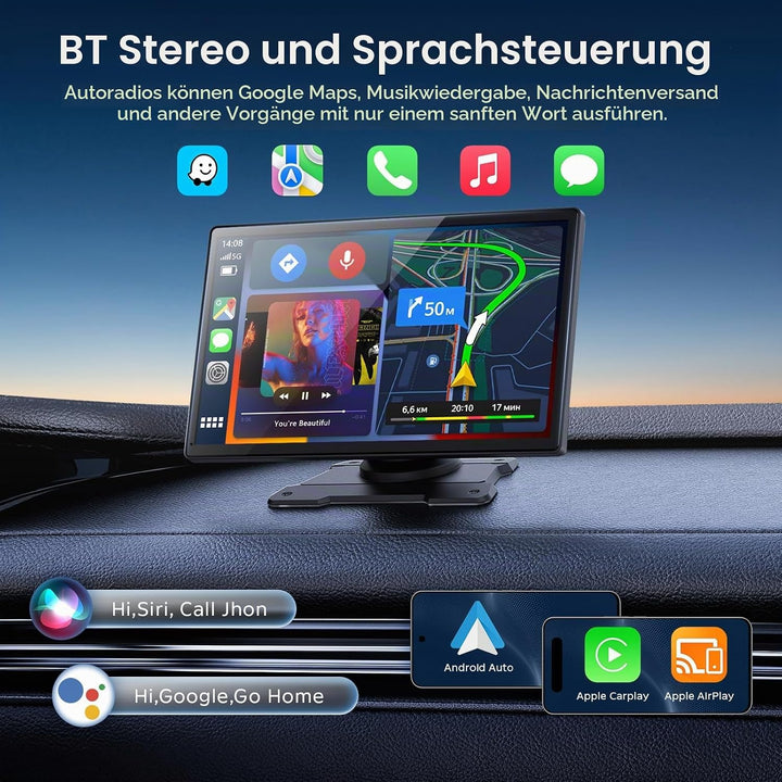 9" Wireless Tragbarers CarPlay Display für Apple Carplay &amp; Android Auto, mit 4K Dash Cam 1080P Rückf
