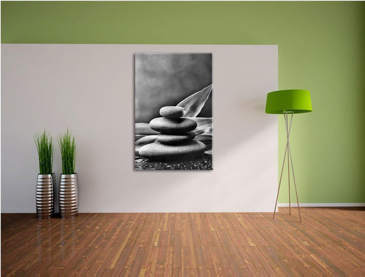 Pixxprint Monocrome, Zen Steine mit Blättern, Format: 100x70 auf Leinwand, 100x70