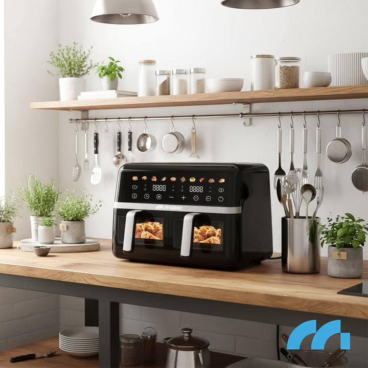 MalTec Heissluftfritteuse XL 2 kammern mit Sichtfenster, 10L Airfryer, Touchscreen, 2800 Watt, 10 Pr