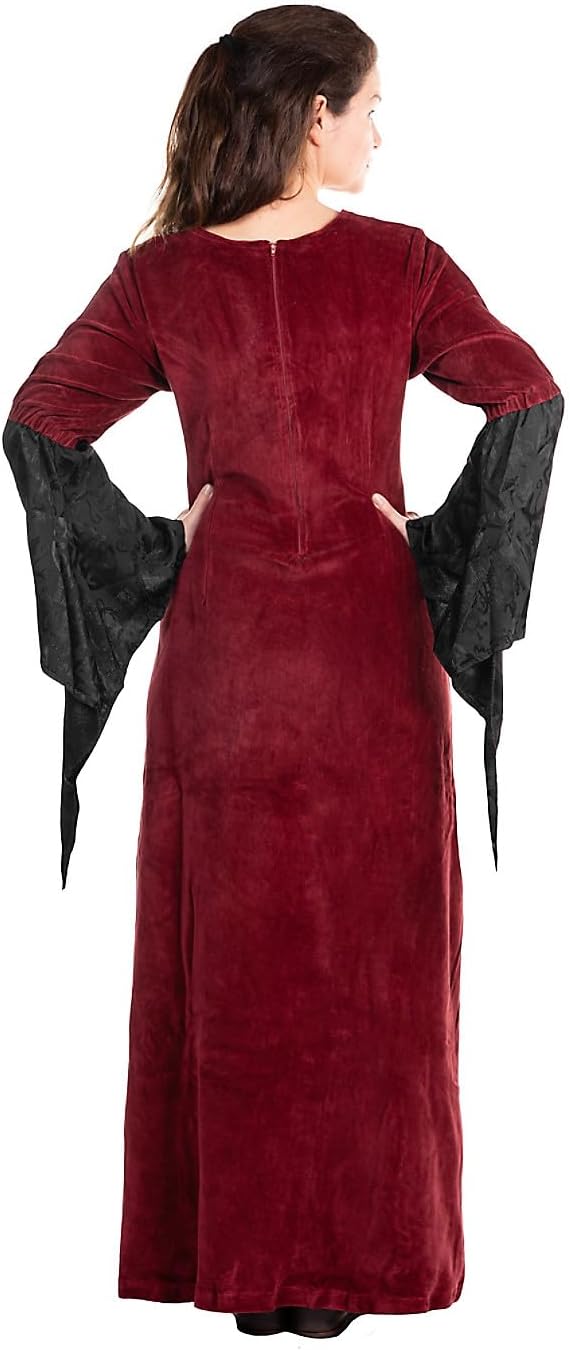 Maskworld Damen Mittelalter Samtkleid Magierin – Maxikleid mit Trompetenärmeln &amp; Floralem Satin – Go