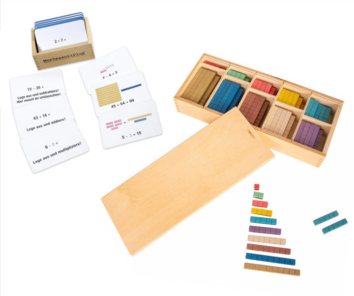 Montessori-Material Zahlenraum bis 100 inkl. Rechenstäbchen u. 100 Aufgabenkarten mit Selbstkotrolle