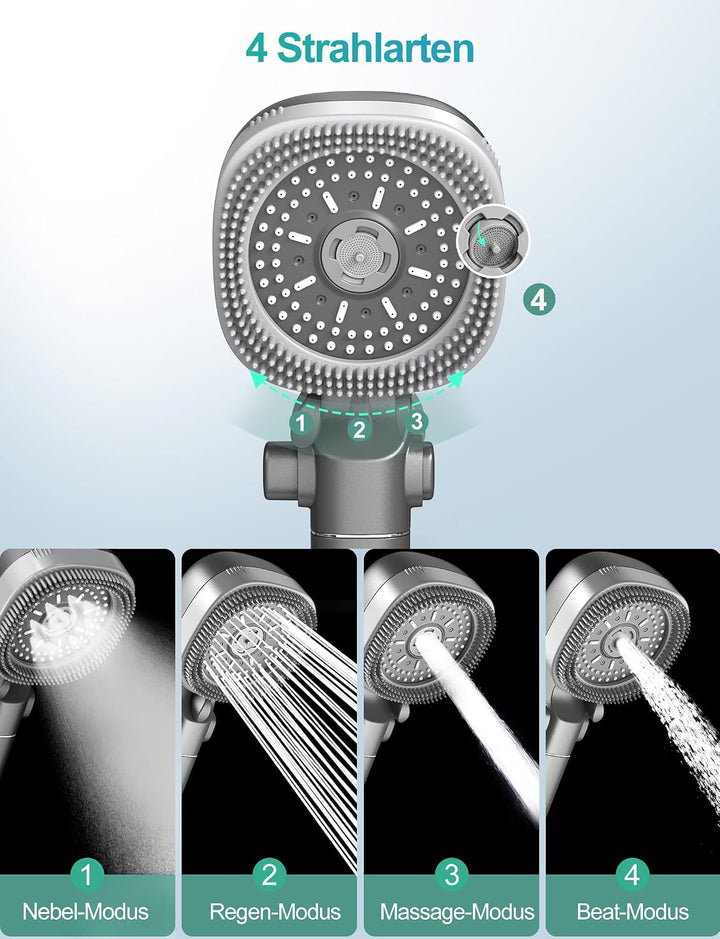 FEELSO quadratische Handbrause mit Filter und 4 Strahlarten, Gunmetal Grau, Grau