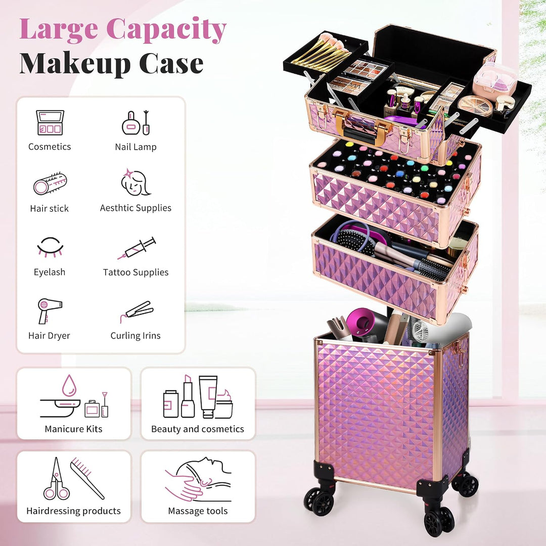 Arous 4-in-1 Professioneller Make-up-Zugkoffer, multifunktionaler Kosmetikwagen mit 360° drehbaren R