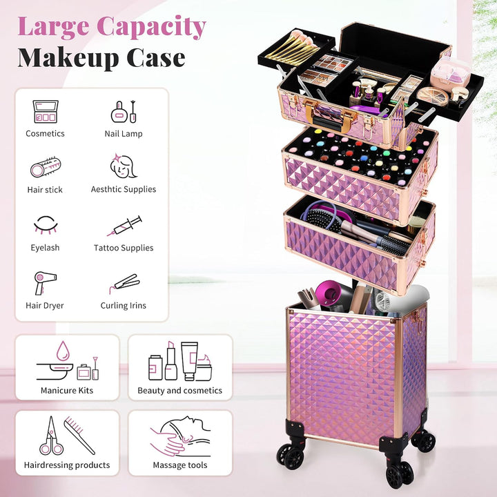 Arous 4-in-1 Professioneller Make-up-Zugkoffer, multifunktionaler Kosmetikwagen mit 360° drehbaren R