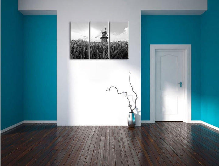 Pixxprint Windmühle auf dem Feld / 3-Teilig/Gesamtmass 120cm Leinwandbild bespannt auf Holzrahmen/Wa