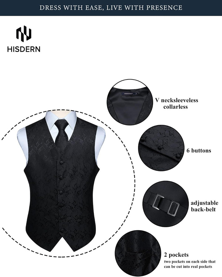 Hisdern Manner Paisley Floral Jacquard Weste &amp; Krawatte und Einstecktuch Weste Anzug Set, Black-2, G