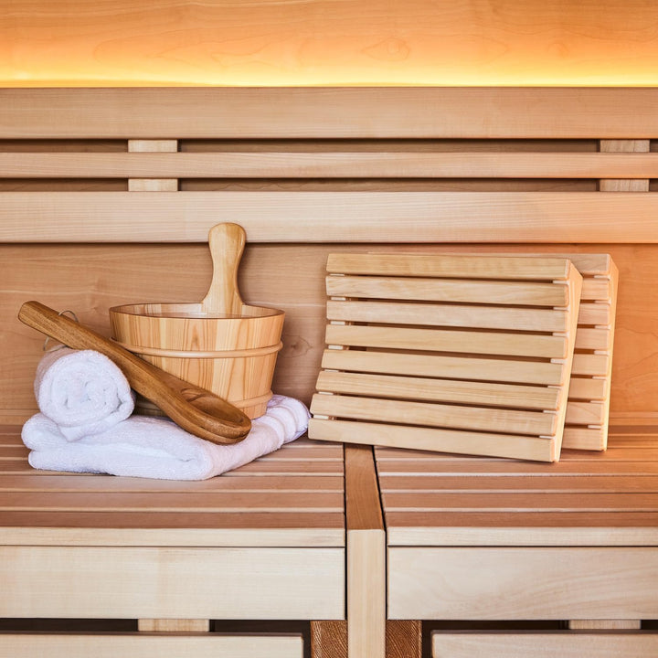 SUNNYDEALS klassisches Saunazubehörset | Saunaset 4-teilig aus naturbelassenem Holz | Saunaeimer &amp; K