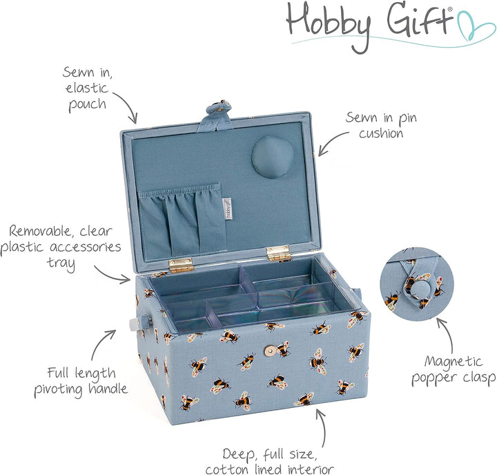 Hobby Gift Medium Näh-Aufbewahrungsbox, Holz/Stoff, Blaue Bienen, Blaue Bienen