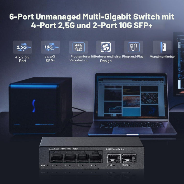 YuLinca 6 Port 2.5G Unmanaged Switch, 4 x 2.5GBASE-T Ports mit 2 x 10G SFP+, 60Gbps Switching Kapazi