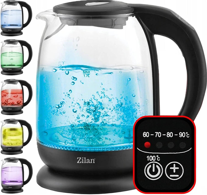 Zilan kabelloser Wasserkocher aus Borosilikatglas mit digitalen Display und LED, 1,7 l, 5 Temperatur