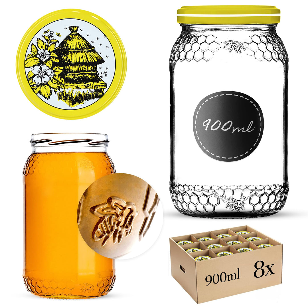 KADAX 8er Set Einmachgläser 900ml TO82 Beehive, Pack of 8, Grosse Sturzgläser mit Schraubdeckel, Ein