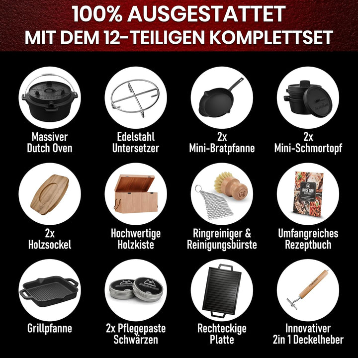 Dutch Oven Set 11-teilig – bereits eingebranntes Gusseisen Topf Set – Bratpfanne, Grilltopf, Deckelh