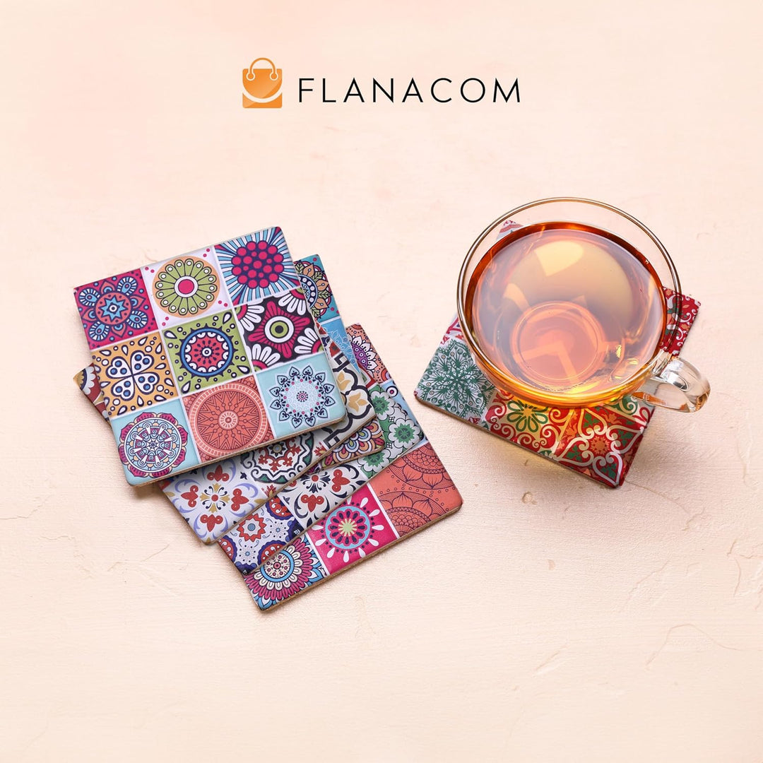 Flanacom Boho Design Untersetzer 6er Set – Dekorative Keramik Untersetzer für Glas, Tassen, Vasen, K