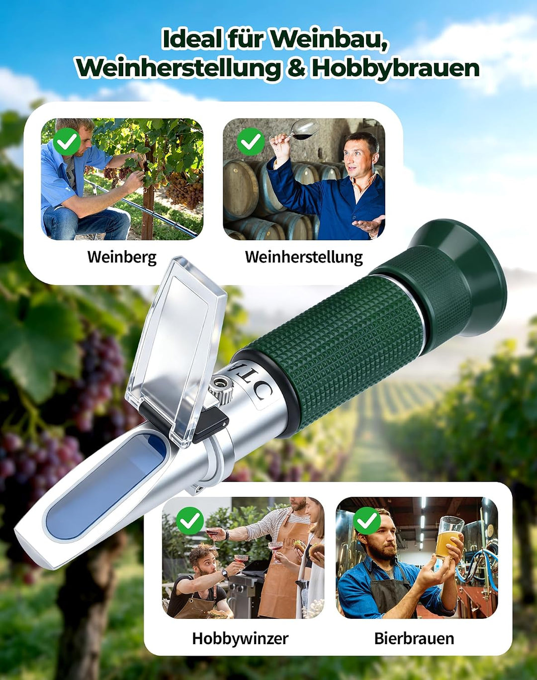 Winzer Refraktometer Wein 0–32% Brix, 0–140° Oechsle, 0–27 KMW mit ATC Oechsle Refraktometer zur Mes
