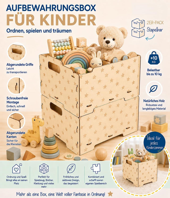 Dalber Spielzeugkiste Kinder Holz 2er-Set Sterne Grau
