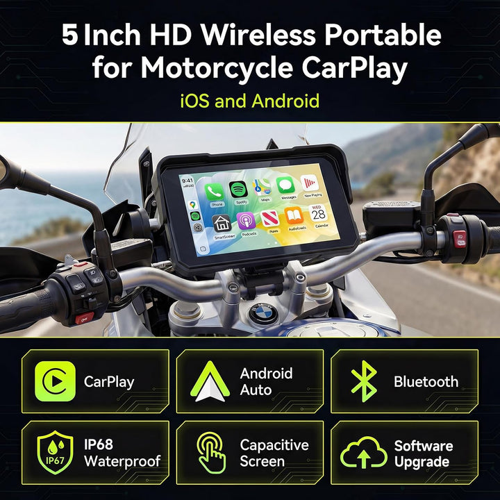 Rimoody 5 Zoll Motorrad Navigator mit Wireless CarPlay &amp; Android Auto - IP68 Wasserdichter Moto GPS