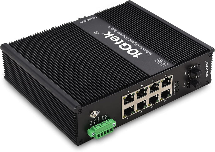 10Gtek Industrial IP40, 10-Port Gigabit Ethernet Switch (w/20-km SFP transceiver), G0208i, DIN-Rail