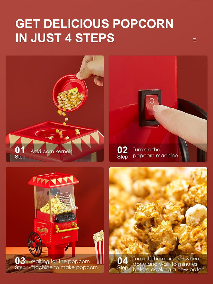 Popcornmaschine Retro, Cozeemax 1200W für Zuhause Popcornmaschine Maker mit Heissluft, Popcorn Machi