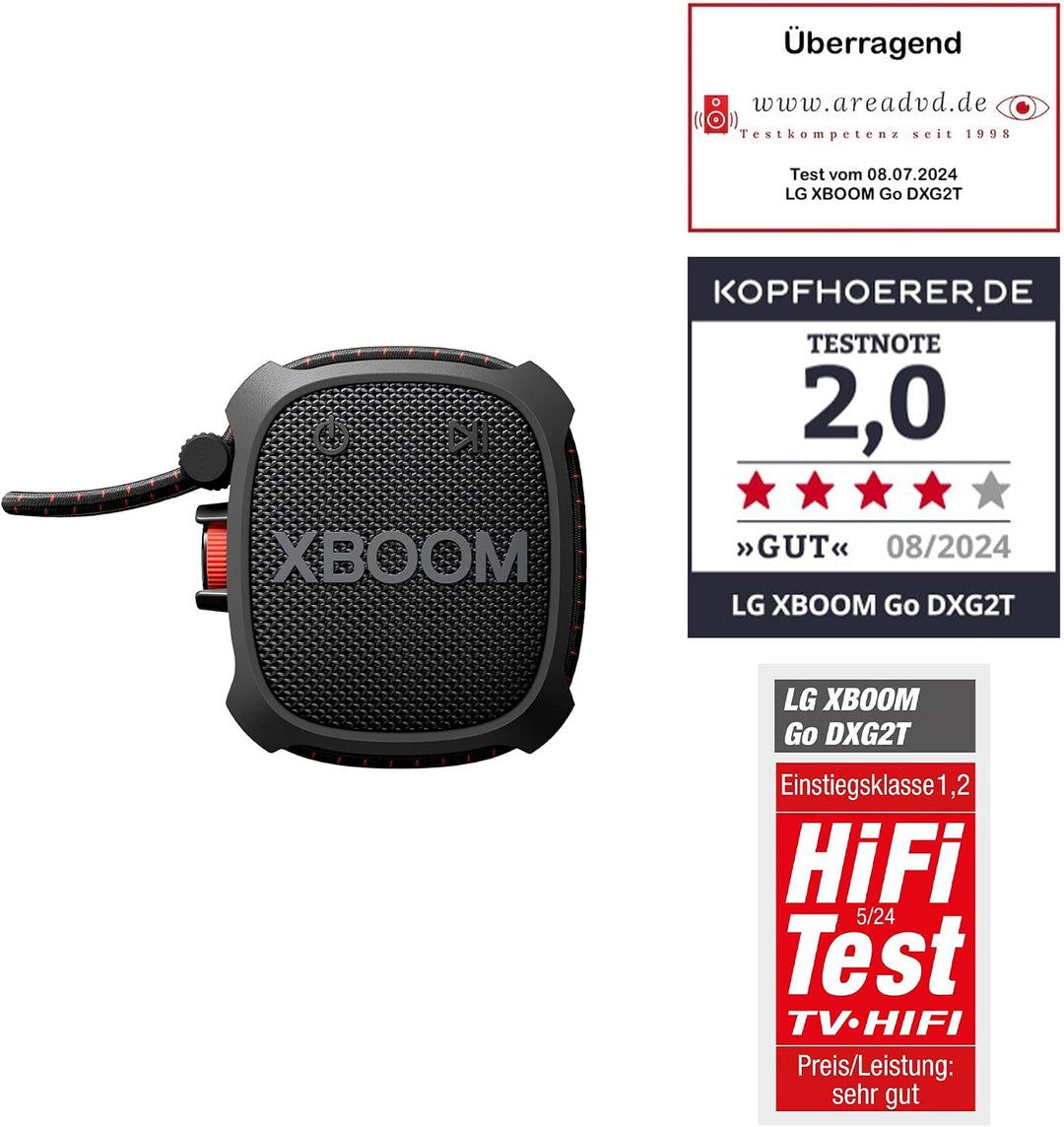 LG XBOOM Go DXG2T, tragbarer Bluetooth-Lautsprecher (5 Watt, Google Assistant, Siri, Strap), Schwarz