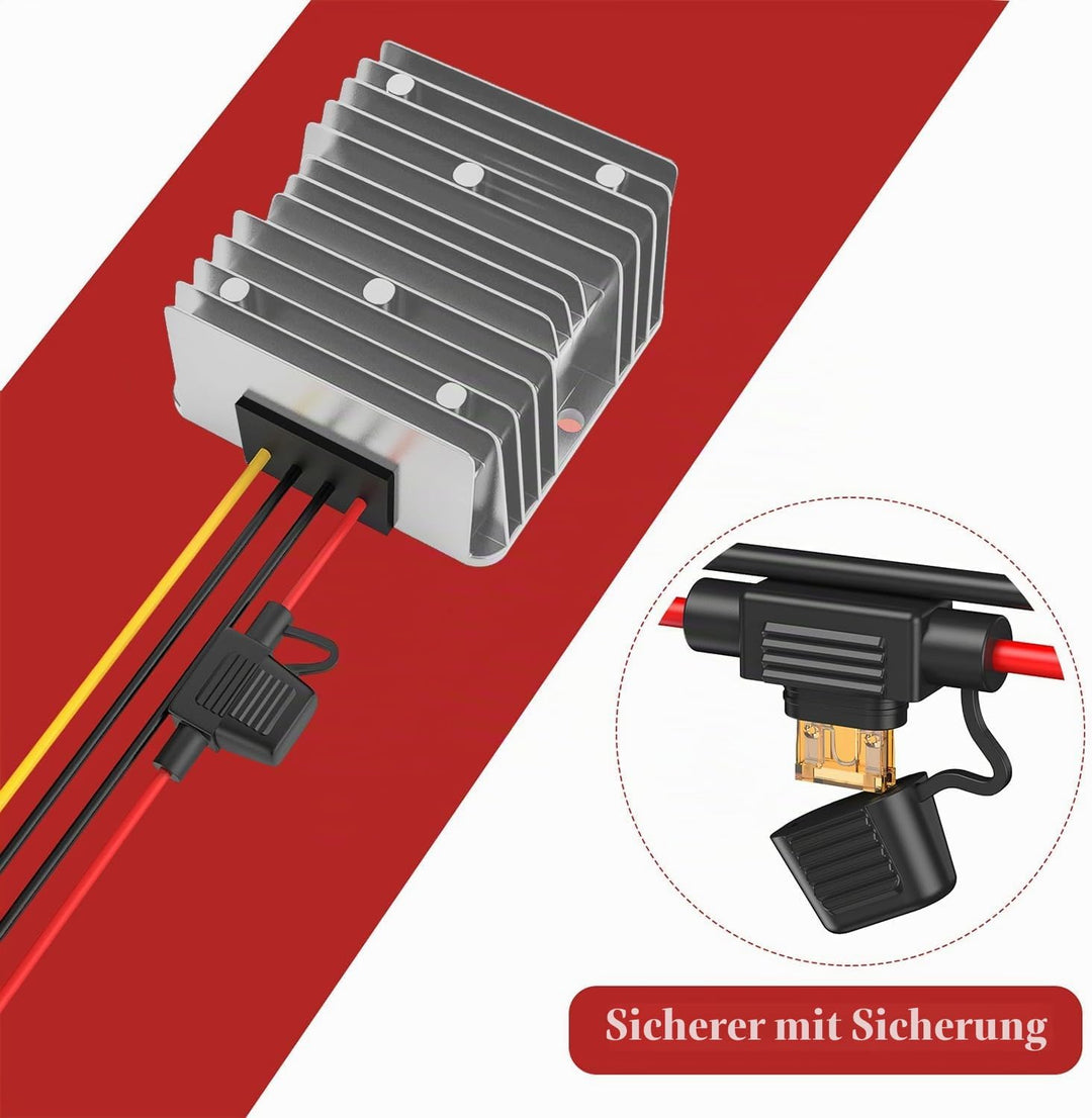 Spannungswandler 24V auf 12V, Step Down 24V 12V 15A 180W mit Sicherung Wasserdicht und Schnellverbin