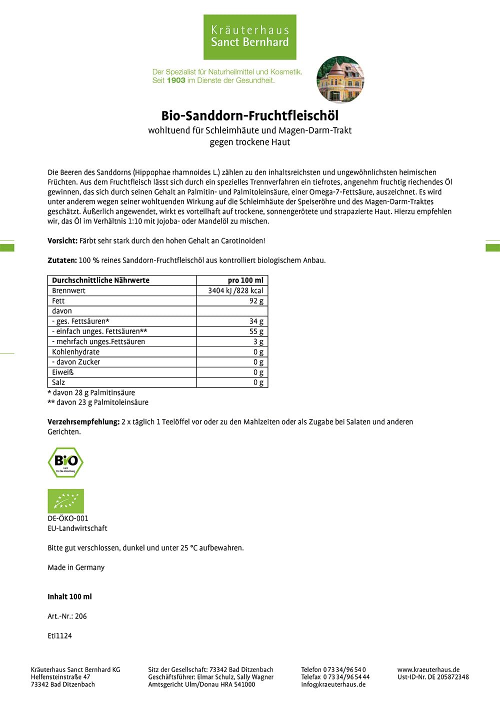 Sanct Bernhard Sanddorn Fruchtfleischöl 100 % rein, aus kontrolliert biologischem Anbau, mit Palmiti