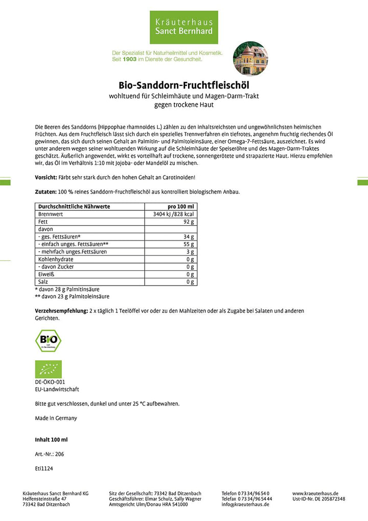 Sanct Bernhard Sanddorn Fruchtfleischöl 100 % rein, aus kontrolliert biologischem Anbau, mit Palmiti