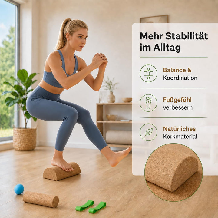 Balance Board aus Naturkork 10×30 cm, Fusstrainer mit Silikonball