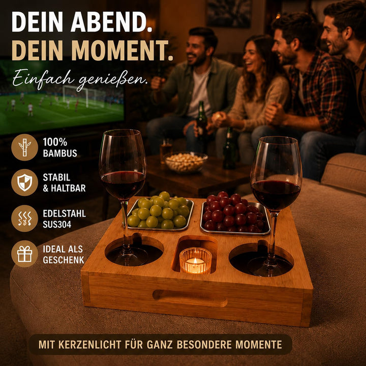 Couchbar aus Bambus mit Kerzenhalter &amp; Weinglas-Aussparung – Sofa Organizer mit 2 Edelstahlschalen,