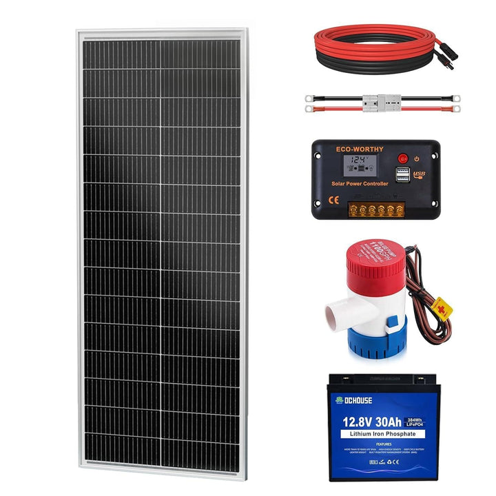 DCHOUSE 1100GPH Bilgenpumpe,12V DC Bootspumpe +100W Solarpanel+30Ah Batterie+20A Solar Laderegler+50
