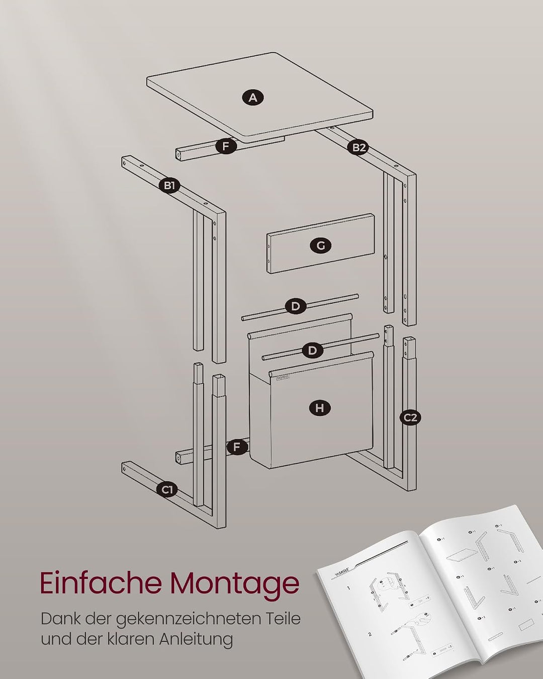 VASAGLE Beistelltisch, Sofatisch mit Rollen, C Form, Couchtisch klein, Stofftasche, verstellbare Füs