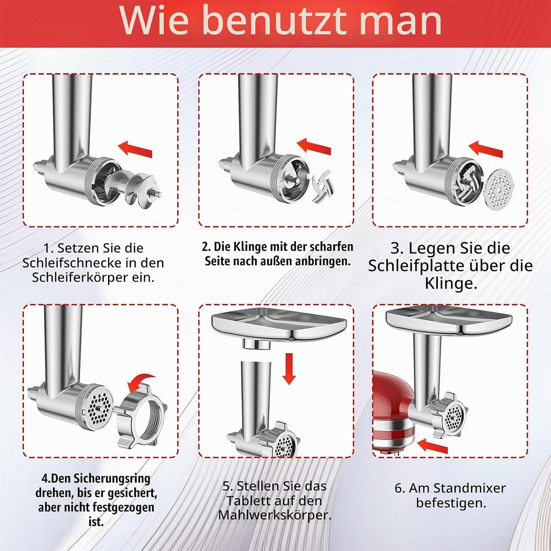 Fleischwolf Aufsatz, Kitchen Aid Zubehör aus Edelstahl mit 4 Mahlscheiben 3 Wurstfüllrohre 3 Klingen