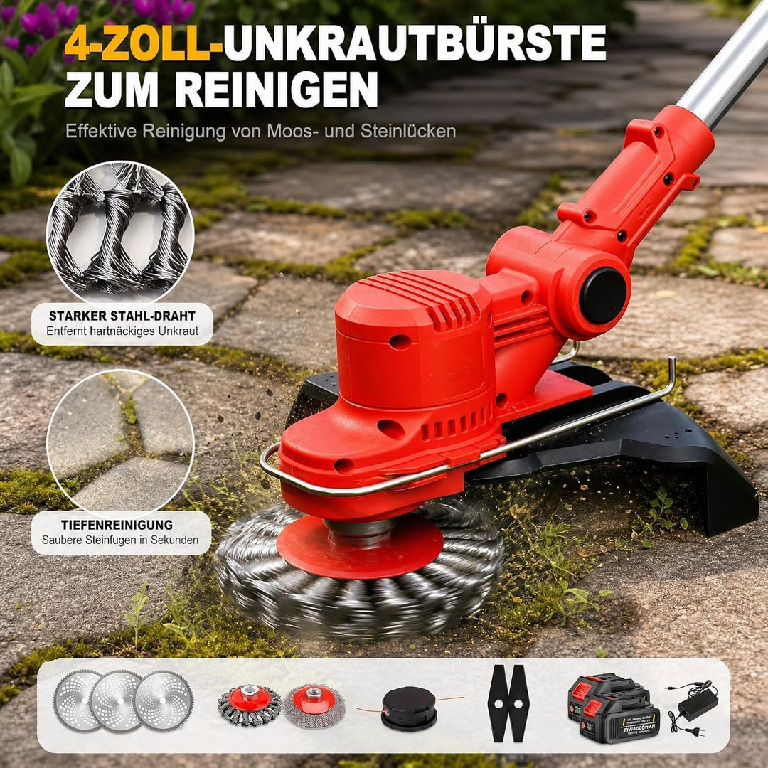 Akku Rasentrimmer mit Unkrautbürste, 21V 4,0Ah 4-in-1, Rot, Rot