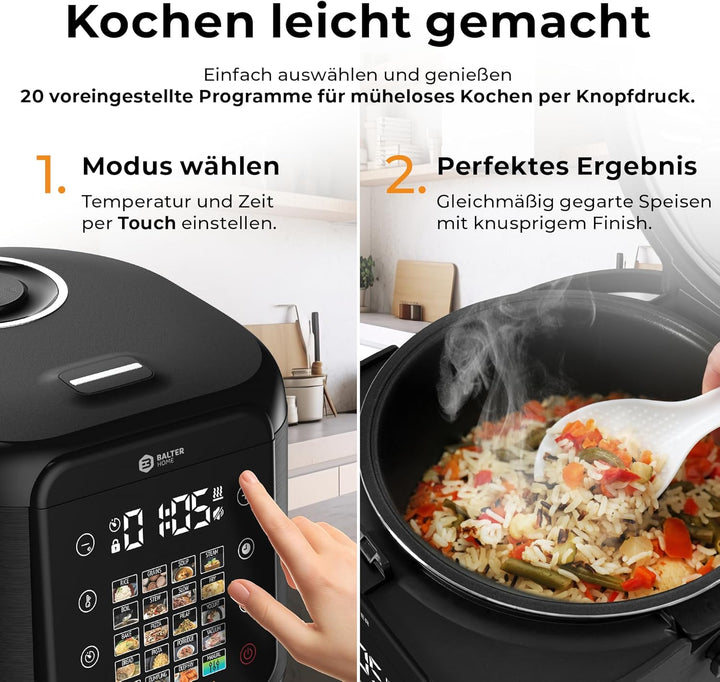 Balter Reiskocher, Multikocher mit 20 Programme, 4L Rice Cooker, Multicooker, Fuzzy-Logic, Dampfgare