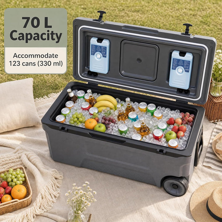 LIFEZEAL Grosse Kühlbox, Isolierbox Kunststoff mit Rädern &amp; Griff Grau 70 L, Grau 70 L