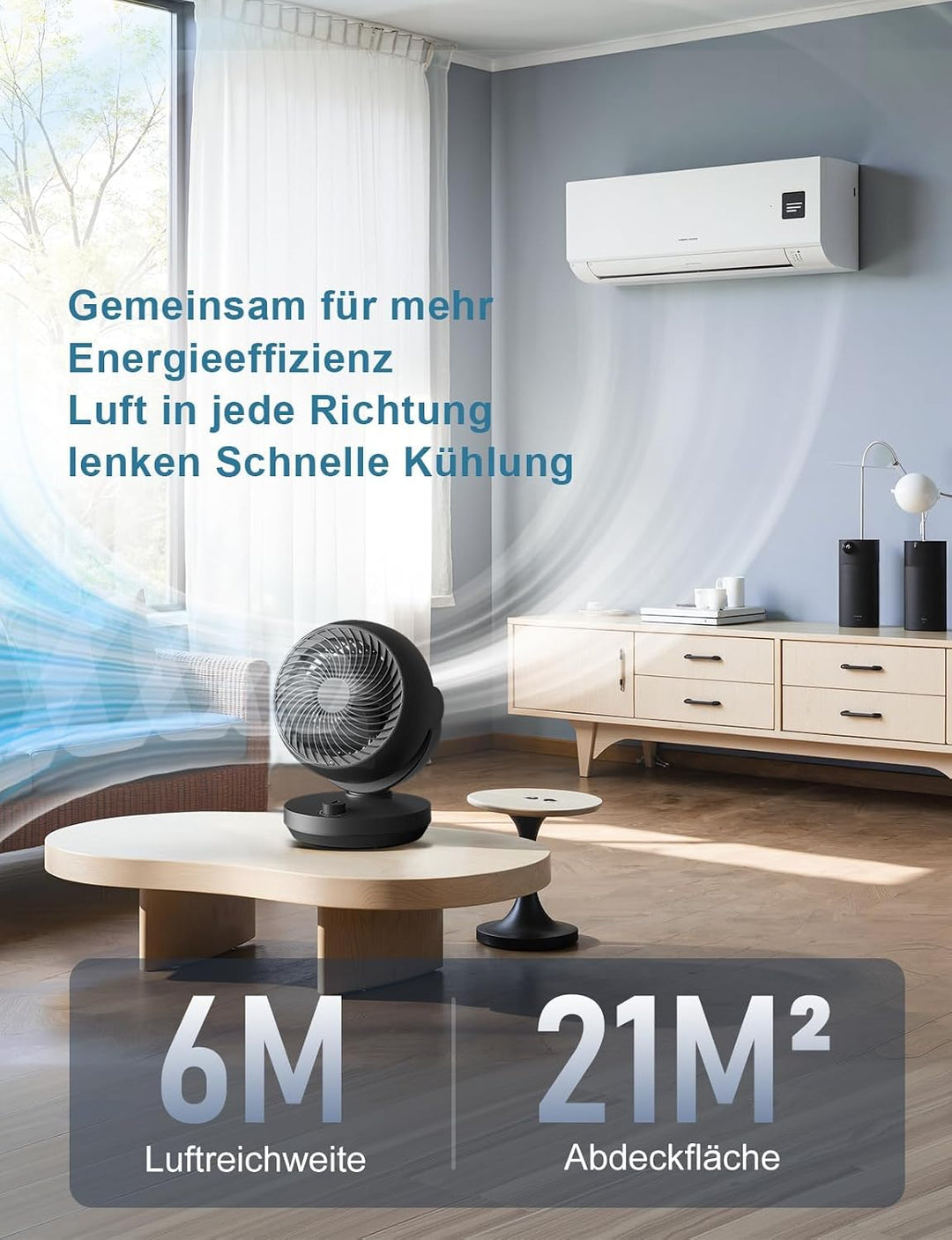 Ventilator Leise, 22dB Tischventilator mit Luftzirkulation, 3D Turbo Air Circulator, 3 Stufen &amp; 100°