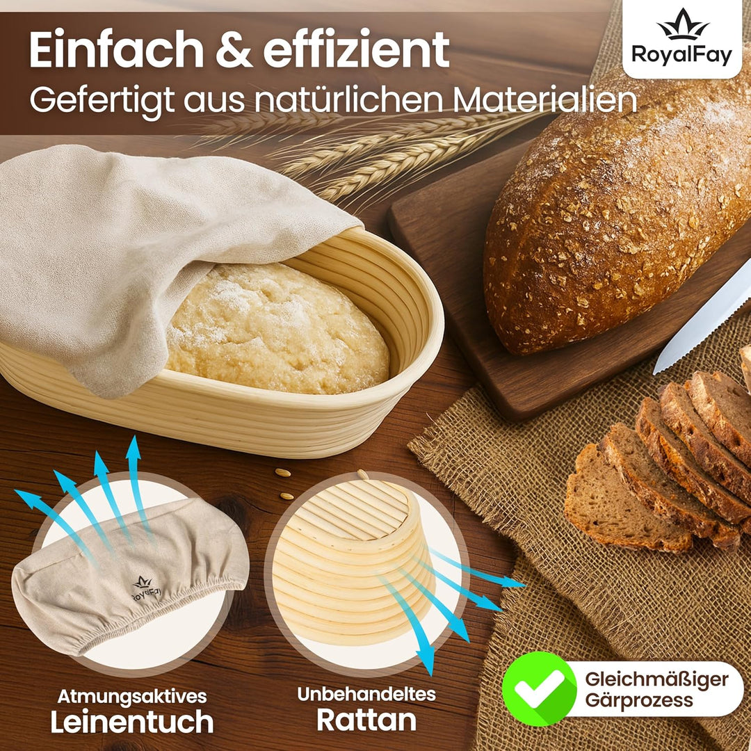 Gärkörbchen oval 28 cm – Brotform aus natürlichem, atmungsaktivem Rattan für 0,5 kg Teig – inklusive
