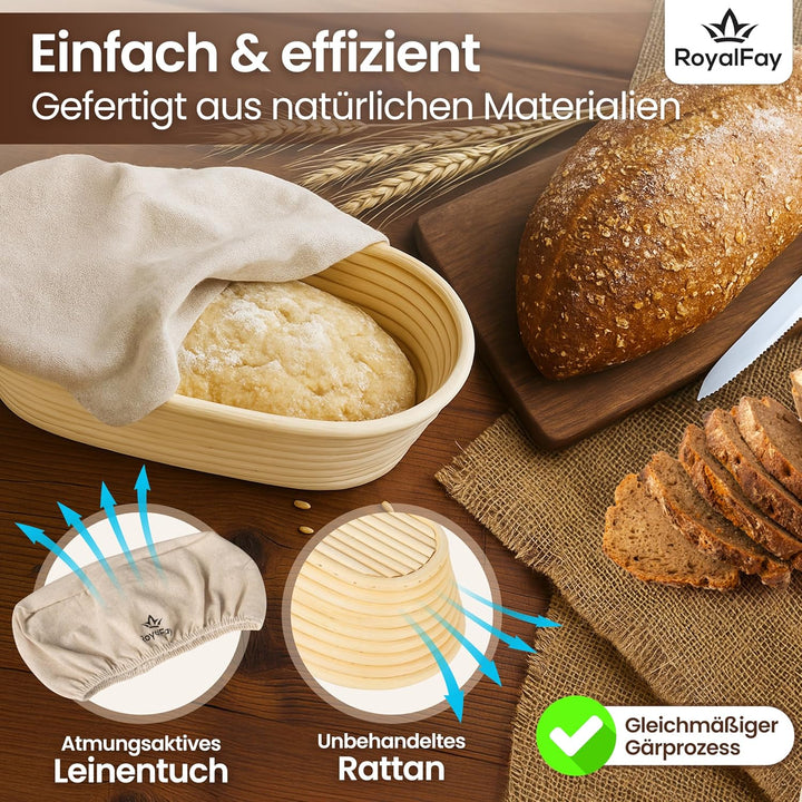 Gärkörbchen oval 28 cm – Brotform aus natürlichem, atmungsaktivem Rattan für 0,5 kg Teig – inklusive