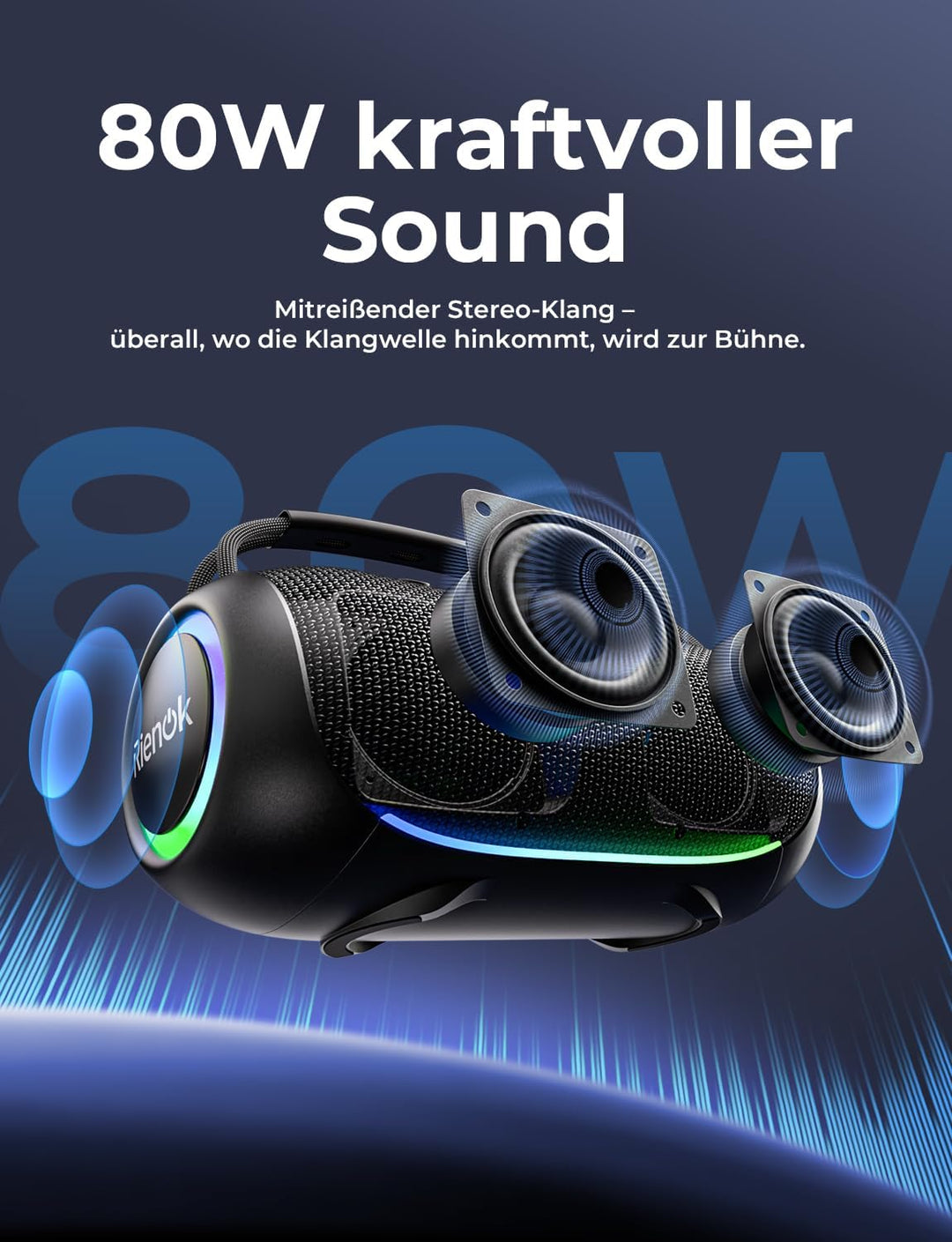 RIENOK Bluetooth Lautsprecher gross,Musikbox 80W, 30 Std. Laufzeit,IPX6 Lautsprecher, Bluetooth Box