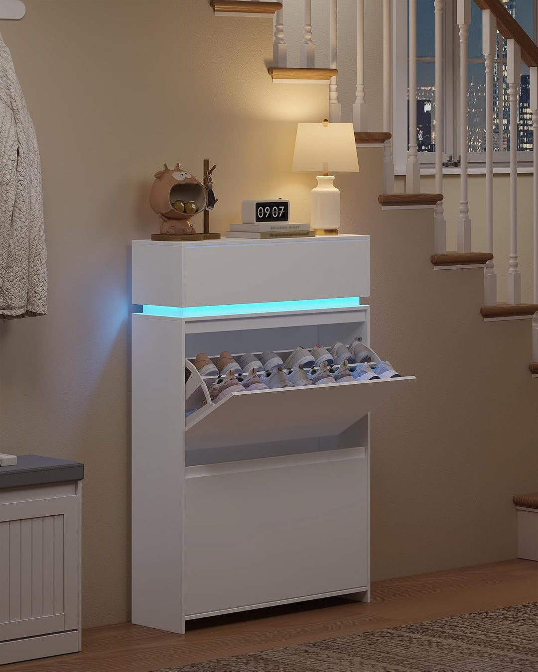 Hzuaneri Schuhschrank, Schuhkipper Schmal mit LED-Leuchten, Schuhregal, Verstellbare Ablagefläche, 1