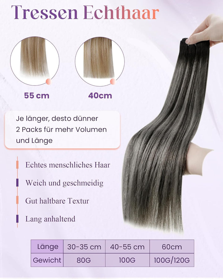 LaaVoo 55cm Extention Tressen Echthaar Balayage Schwarz Silber Sew in Tressen Echthaar zum Einnähen