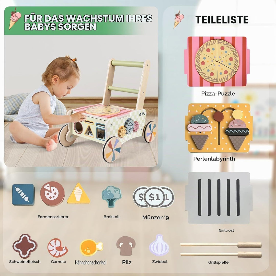 Baby Walker Multifunktional Lauflernhilfe aus Holz ab 1+ Jahr, Montessori Schiebewagen Gehfrei Laufl