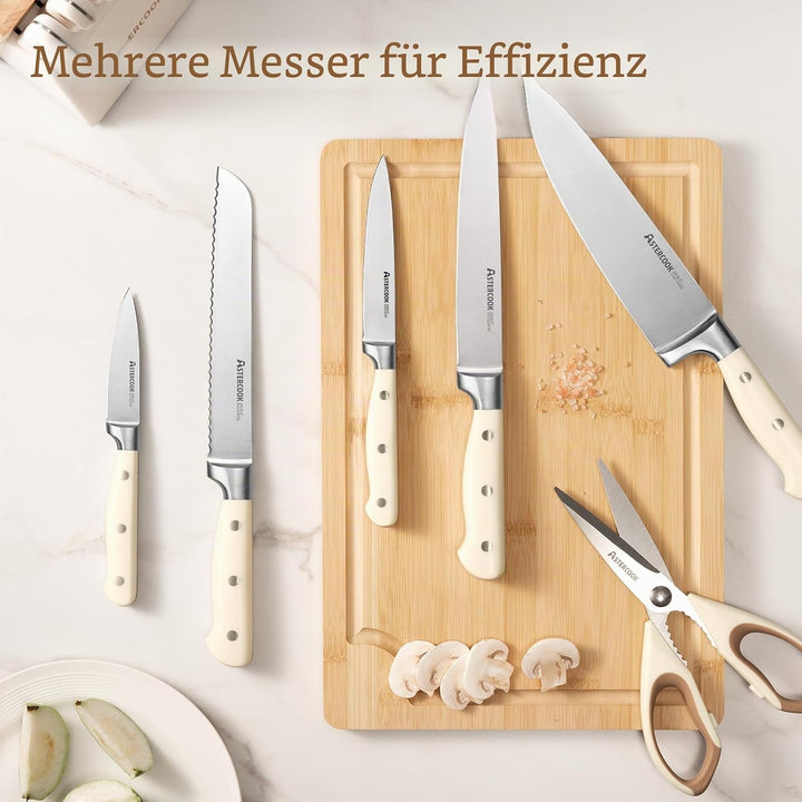 Astercook Messer-Set, Küchenmesser-Set mit Block, 14-teilig, Vollzapfen, Edelstahlmesser mit Schärfe