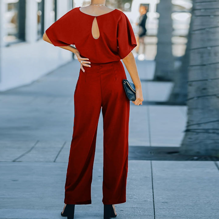 Damen Lang Jumpsuit Overall Hosenanzug Elegant Romper Kurzarm Rundhals Playsuit mit Gürtel Hosenanzu