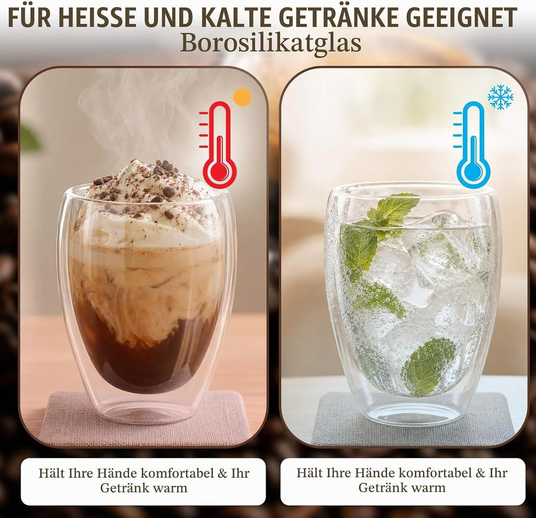 Latte Macchiato Gläser 6er Set, Cappuccino Tassen, 350ml Doppelwandiges Kaffeegläser, Schwebeeffekt,