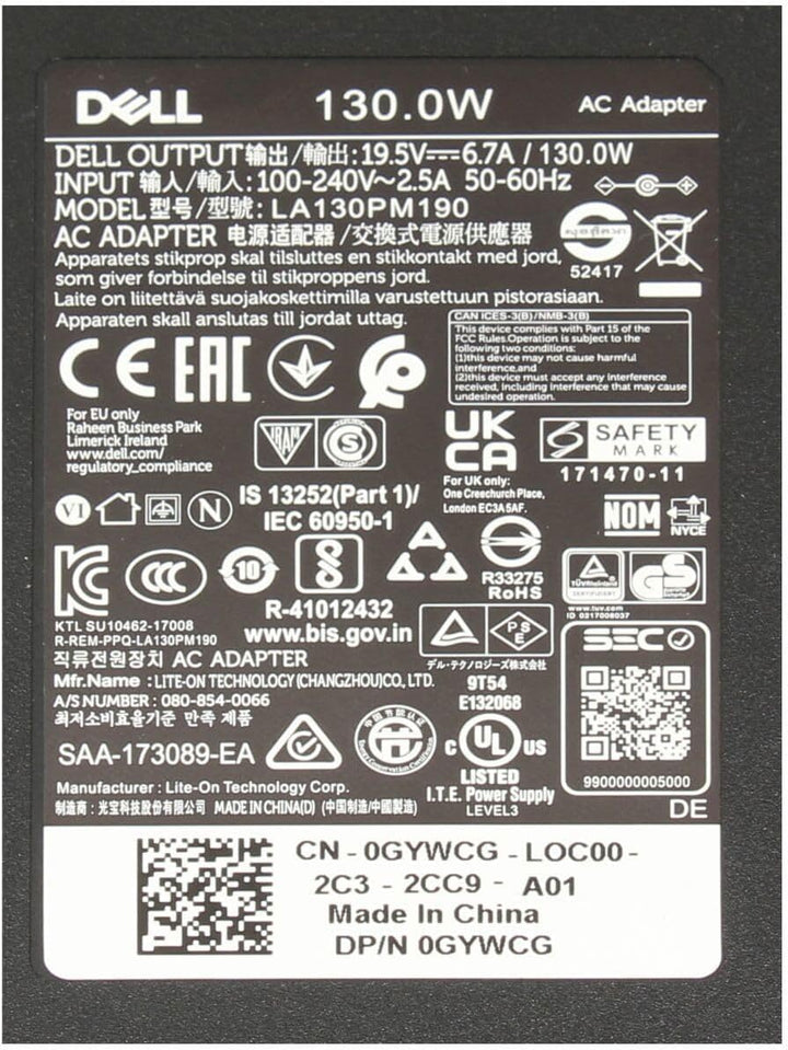 Dell Precision M6700 Original Netzteil 130 Watt Flache Bauform