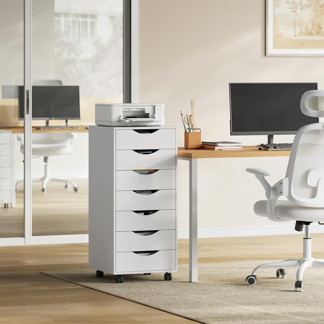 WOLTU Rollcontainer mit 7 Schubladen, mobiler Aktenschrank mit Rollen Weiss 7 Schubladen (90H cm), W